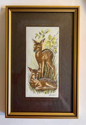 Vintage English Woven Silk Red Fawn Deer Matted & Gold Frame