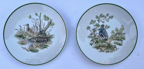Pair of Vintage Bavarian Woodland Game Birds Snipe Partridge in the Forest Plates Green Trim