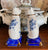 Vintage Pair Blue & White Chinoiserie Floral English Transferware Staffordshire Mantle Cats w/ Bows RARE