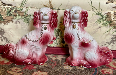 Large Pair Vintage Burgundy - Pink & Cream Rose English Staffordshire Dogs