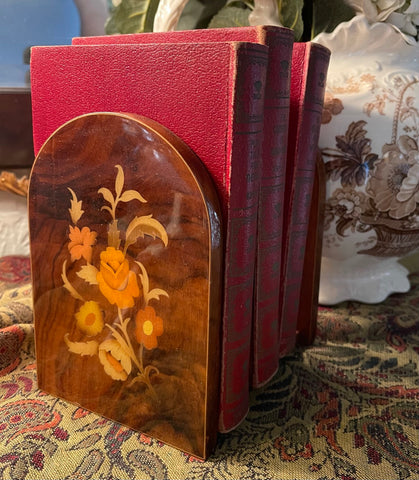 Pair Vintage Inlaid Wood Floral Inlay  Book Ends Bookends