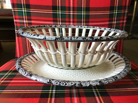 Antique Reticulated Chestnut Bowl & Stand / Platter Black Transferware P J Boch Luxembourg