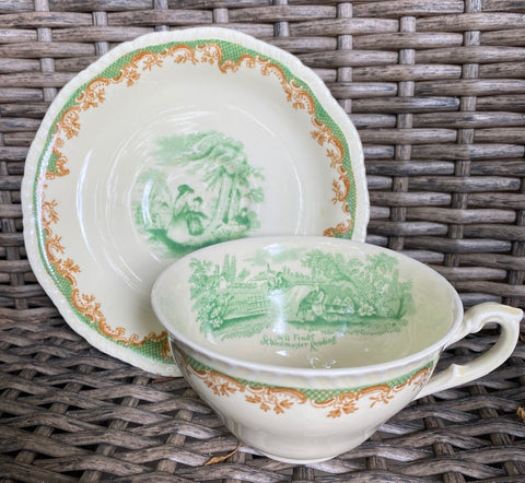 Antique Ridgway Brown & Green Bi Color Transferware Tea Cup & Saucer Garden in Church Yard