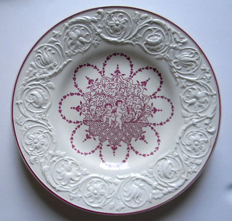 Red English Transferware Vintage Wedgwood Plate Angels Cherubs & Scrolls Embossed Border Christmas Decor