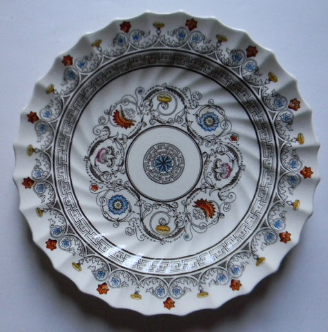 Spode Brown Transferware Plate Geometric Swirls Plumes & Scrolls with Handpainted Shades or Orange & Robins Egg Blue