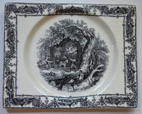 Rectangle Black Transferware Platter Biarritz Platter Tray Mother Children Dog Woodcutter Gardening