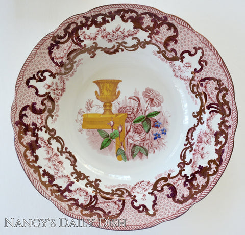 Handpainted Antique Copeland Spode 10" Soup Plate Red Transferware Lustre Finish Huge Roses & Urn