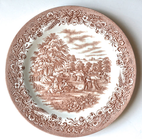 Brown Transferware  Ironstone Plate Pastoral Harvest Scene Wheat Gathering