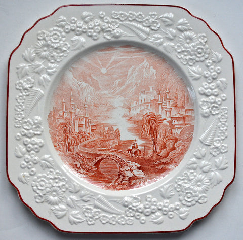 Circa 1891 Antique Staffordshire China English Transferware Red Plate Square Octagon Floral Relief Border George Jones  Path Through Mountain Village