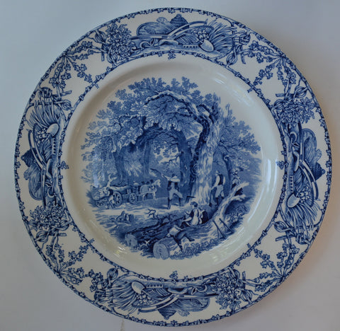 Blue Toile Rural Scenes Transferware Dinner Plate English Country Mother Children Dog Woodcutter