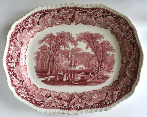HUGE Masons Vista Red Transferware Scenic Platter Dog Park Couples Staffordshire China Oval Serving Tray