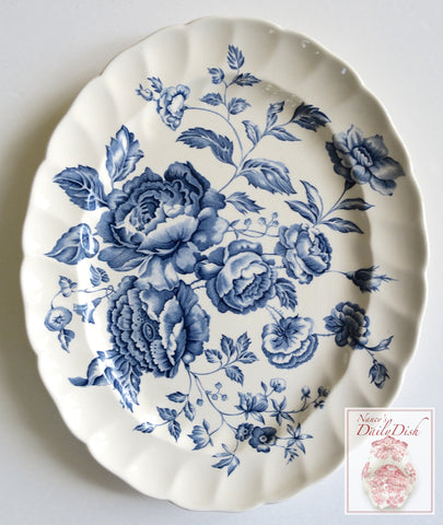 Vintage Blue Toile Transferware Platter Bouquet of English Cabbage Roses 14"