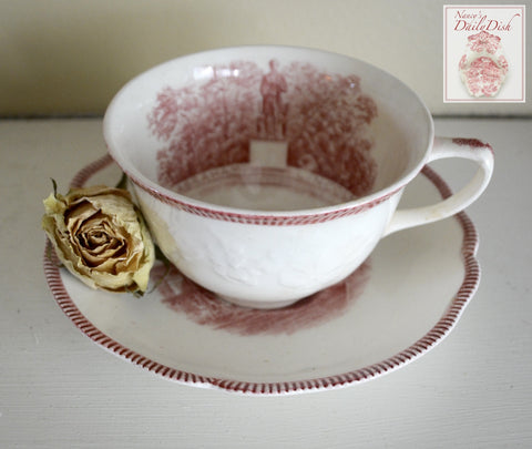 Historical Red Transferware Tea Cup & Saucer - A Century of Progress Worlds Fair - Art Institute & Abraham Lincoln