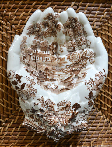 Brown English Transferware Clarice Cliff Tonquin Open Hands Soap Dish Tray Staffordshire - Hand Shaped Trinket Dish