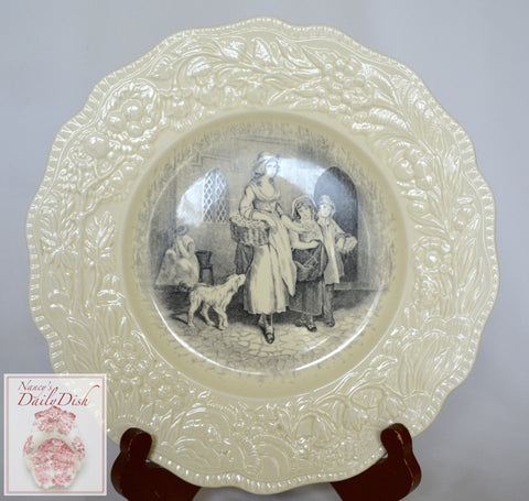 Antique Black Toile Transferware Charger Plate Creamware Embossed Border Mother Children Dog
