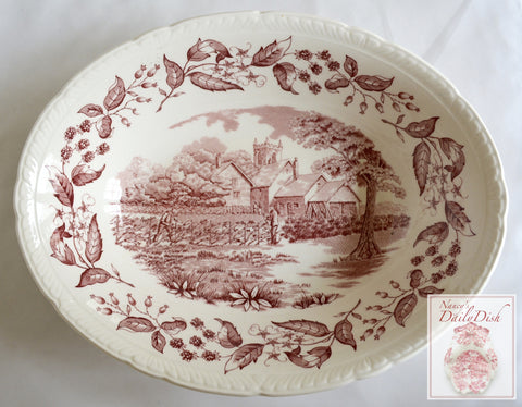 Vintage Red Transferware Oval Serving Bowl Cottage Hedging w/ Blackberry Border