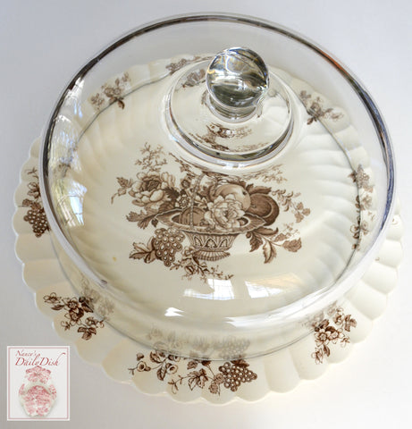 13.75" Brown & White Transferware Round Cake Platter Basket of Fruits & Flowers