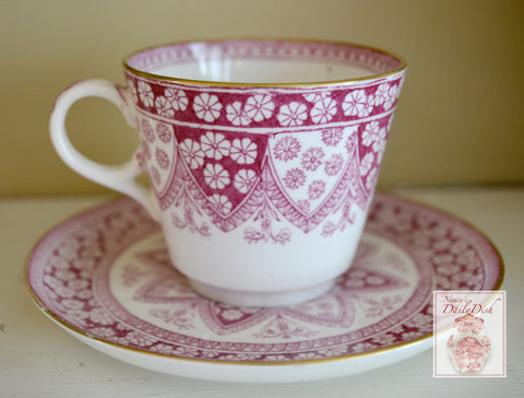 Antique W T Copeland Primrose Cranberry Pink Kaleidoscope Demitasse Cup & Saucer Red Transferware Gilt Trim Snowflake