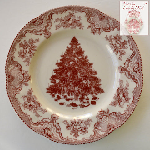 Red / Pink Transferware 8" Salad Plate Christmas Tree w/ Ribbons & Toys Underneath