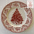 Red / Pink Transferware 8" Salad Plate Christmas Tree w/ Ribbons & Toys Underneath
