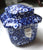Blue & White Calico Chintz Staffordshire Transferware Tea Caddy Figural Face Shaped Handles