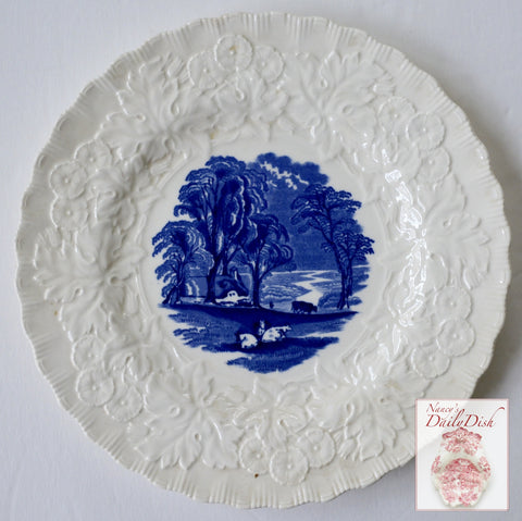 Vintage Blue Transferware Plate Embossed Border Grazing Cattle Cows
