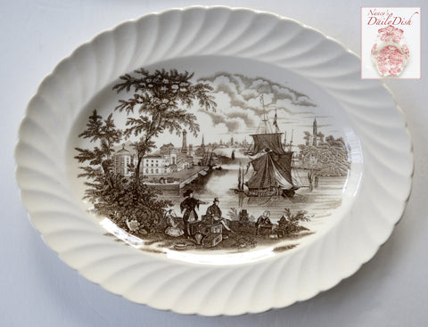 Brown Transferware Ironstone Platter Safe Harbour Ship Port Scene
