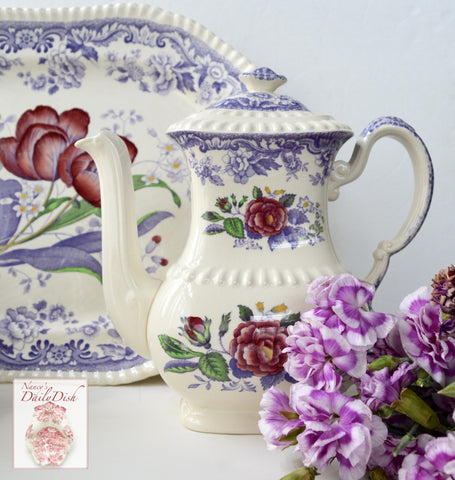 Vintage Spode Mayflower Periwinkle / Lavender Transferware Tall Teapot Coffee Pot Hand Painted Pink Flowers