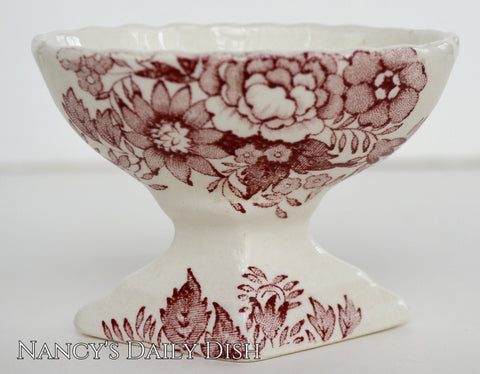 Vintage Red English Transferware Footed Master Salt Cellar Pedestal Roses