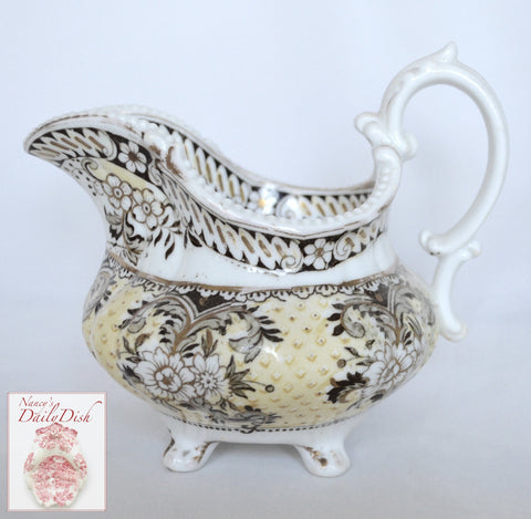 Antique 19C  Staffordshire Yellow & Brown Two Color Transferware Creamer Pitcher Roses Ridgway