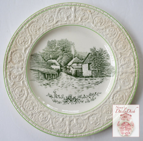 Dark Green Transferware Plate Rural English Cottages Cockington Forge Embossed Border