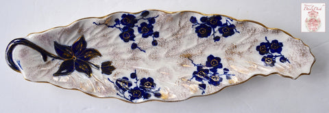 Antique Flow Blue Cherry / Apple Blossom S Hancock Leaf Shaped Platter Tray Circa 1890