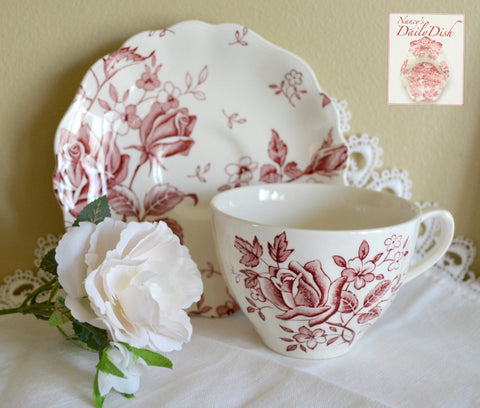 Romantic Vintage Red Tudor Roses English Transferware Tea Cup & Saucer