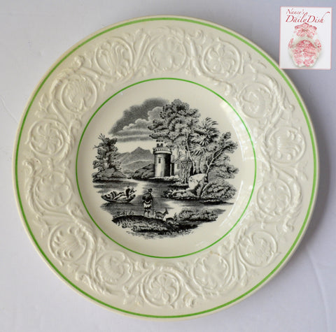 Vintage Wedgwood Black Toile Transferware Plate Billy Goat & Row Boat Embossed Sunflower Border Green Trim