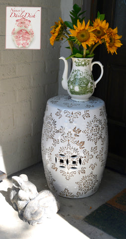 Damask Toile Ceramic English Garden Stool / Seat or Side Table White & Tan