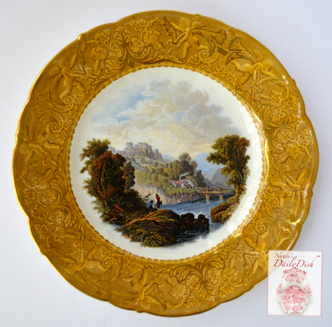 Antique Pastoral Fishing Scene Prattware Yellow Transferware Plate Gold Cherubs Border