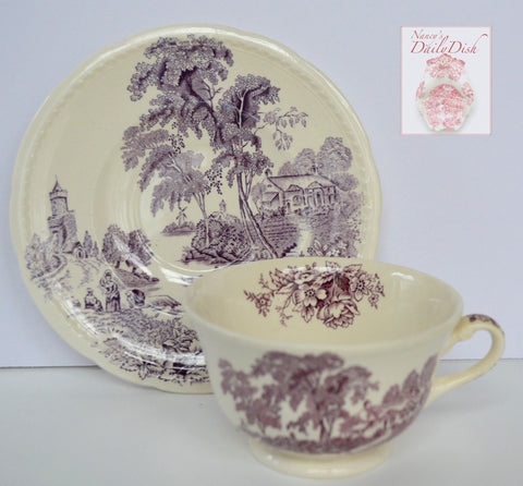 Vintage Lavender / Purple  English Transferware Teacup & Saucer Scenic Boat on River Roses Cottage