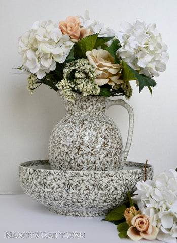 Antique Chintz Brown English Ironstone Transferware  Huge Wash Basin & Pitcher Berries Leaves