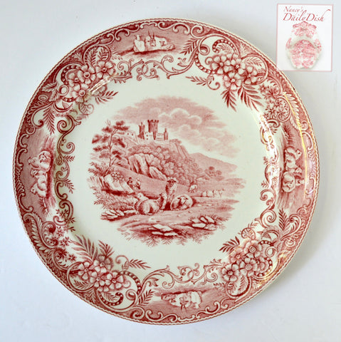 Rare Antique English Red Transferware Charger / Plate Pastoral Grazing Sheep Scrolls Castle