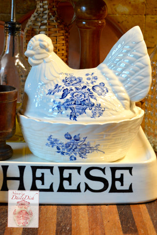 Vintage Blue Transferware English Ironstone Nesting Hen Lidded Egg Basket Tureen Floral Toile Charlotte