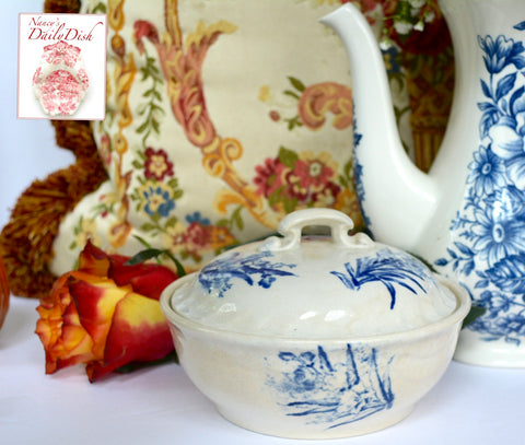 Antique Victorian Blue & White Botanical Floral Transferware Covered Soap Dish & Drainer
