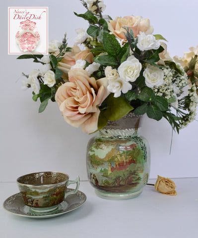 VERY Rare Silver Overlay Vase Brown Transferware Mountain Scene Pastoral Jenny Lind