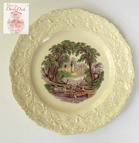 Masons Vista Purple Aubergine Polychrome Transferware CreamWare Scenic Plate Dog Park Couples RARE Embossed Oak Leaf & Acorn Border