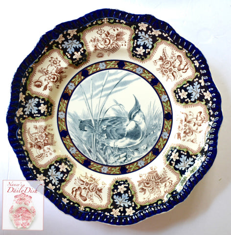 Spode Copeland Upland No. 7 Plover Game Birds Enameled Clobbered Antique 2 Color Transferware Plate