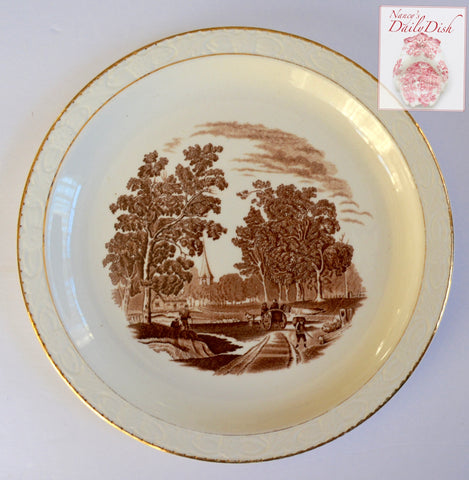 Brown Vintage Transferware Plate - Farmer Horse & Cart English Countryside Pastoral Scene White Embossed Border