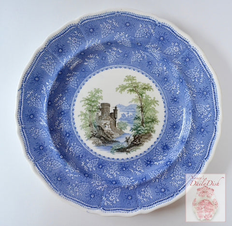 Early 19th Century RARE Davenport Fisherman & Castle on the Lake Staffordshire THREE Color Transferware Plate
