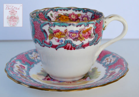 Pink & Aqua Blue Copeland Spode Vintage Transferware Demitasse Cup & Saucer Hand Painted Flowers and Scene