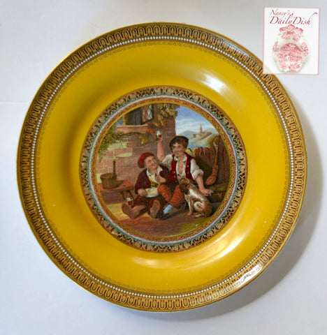 Antique Peasants & Dog Prattware Brown Transferware Plate  Mustard Yellow Border
