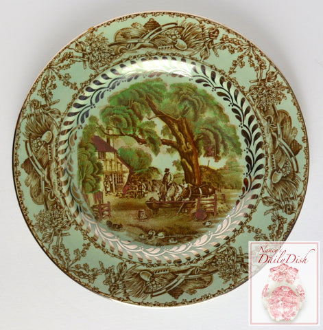 VERY RARE A J Wilkinson Rural Scenes Brown Transferware Salad Plate w/ Silver Overlay Hunt Scene Cottage Horse Farm Cows