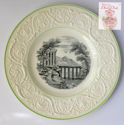 Vintage Wedgwood Black Transferware Charger Plate Italian Seaside Country Scenes Embossed Sunflower Border